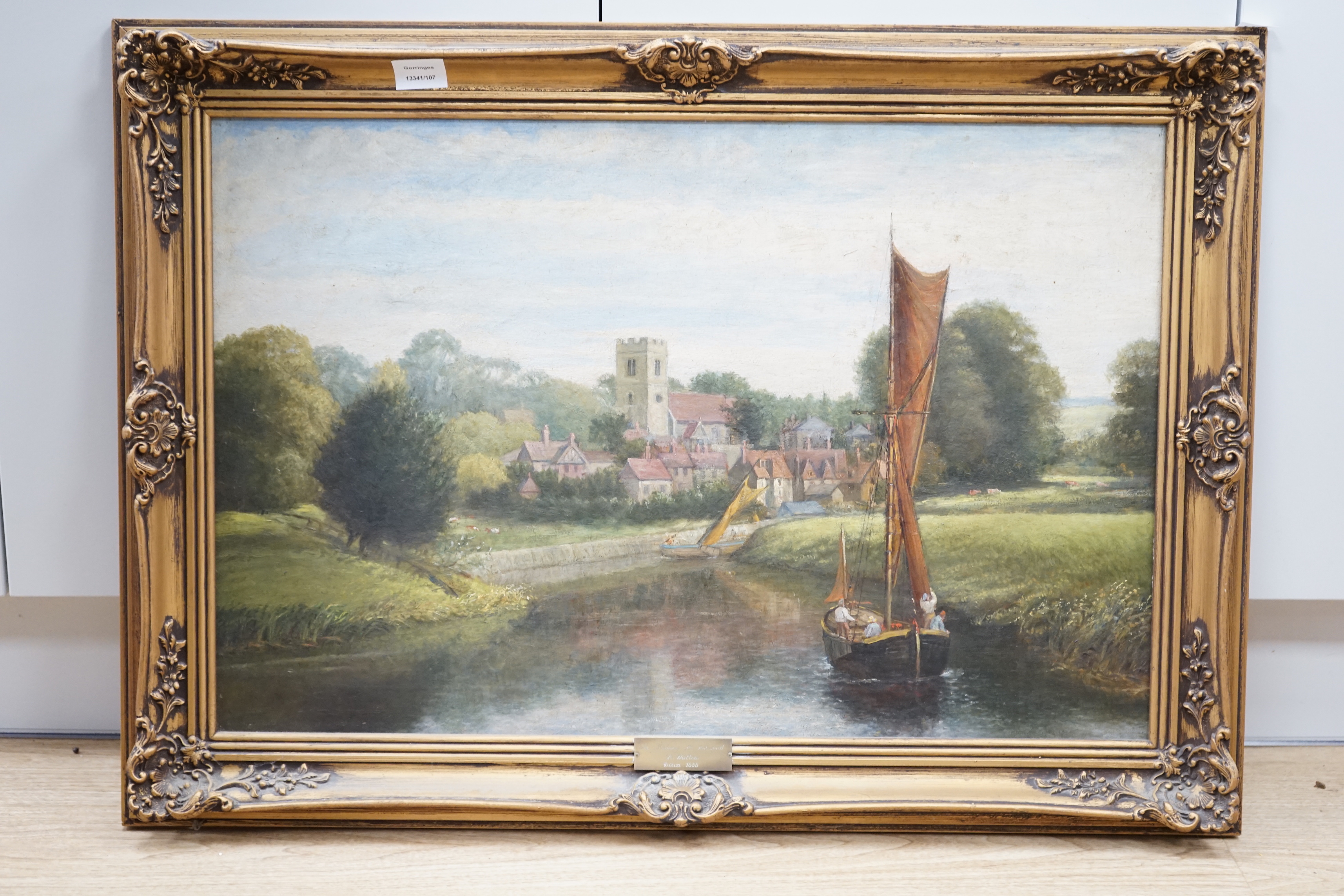 L. Walters, oil on canvas, The Medway at Aylesford, unsigned, applied plaque to the frame, 49 x 74cm